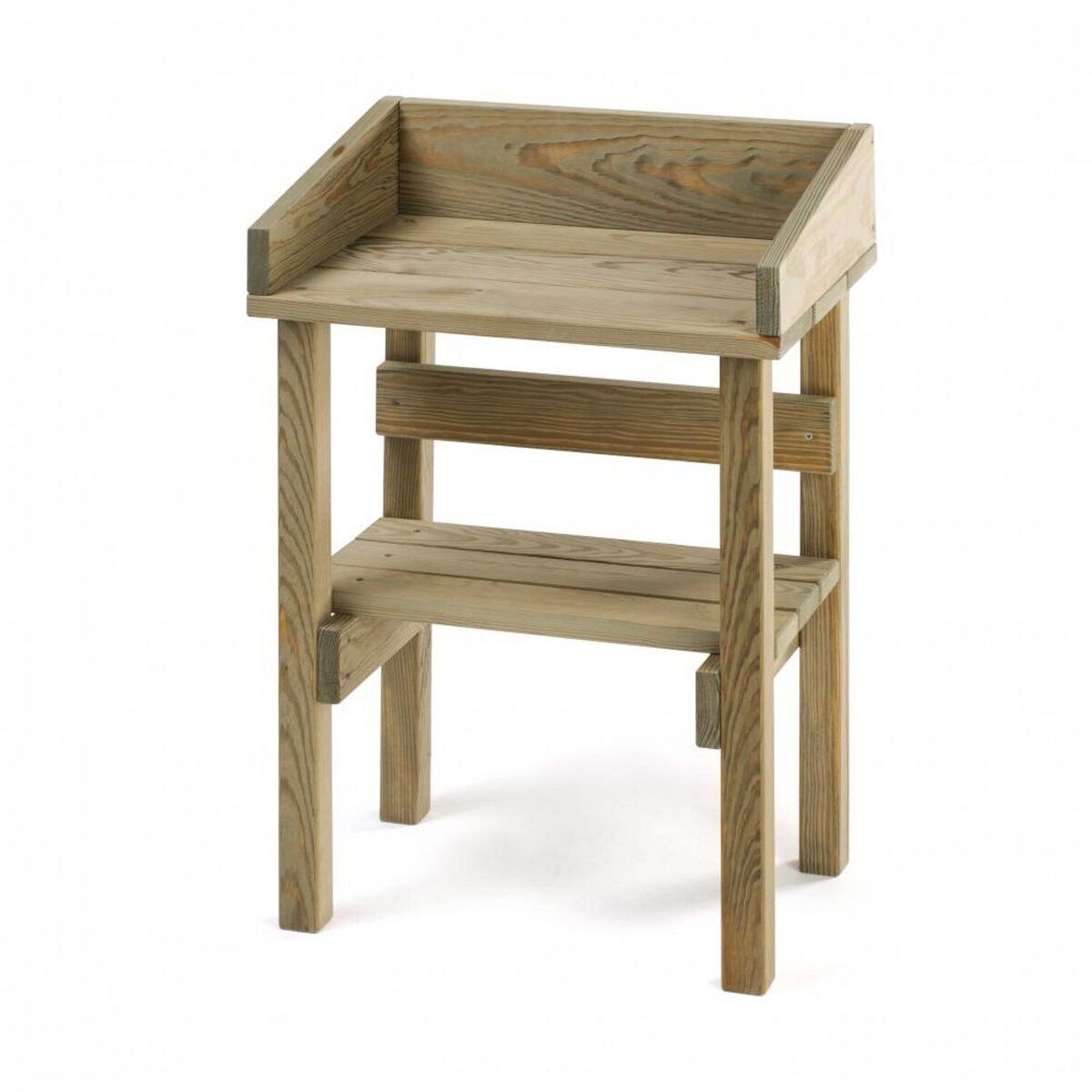 Kinder-Pflanztisch aus Holz, der draußen im Garten für Kinder konzipiert ist. Der Tisch hat eine erhöhte Kante und eine zusätzliche Ablagefläche darunter, ideal für Gartenarbeiten und Bastelprojekte für Kinder.