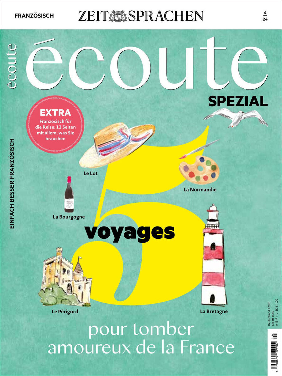 Cover der Sonderausgabe 04/2024 des Écoute Magazins, mit dem Titel '5 voyages pour tomber amoureux de la France'. Abgebildete Regionen sind Le Lot, La Bourgogne, La Normandie, Le Périgord und La Bretagne. Enthält zusätzlich einen Sprachführer.