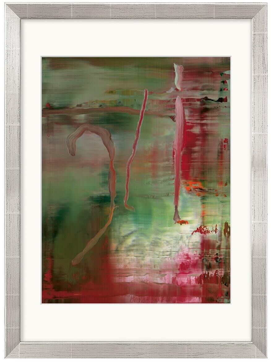 Ein abstraktes Bild von Gerhard Richter aus dem Jahr 2004, dominiert von grünen, roten und pinken Farbtönen, gerahmt in einem silbernen Rahmen. Drei schlanke, organisch geformte Linien ziehen sich vertikal durch das Bild, das verschiedene Farbverläufe und -schichten zeigt.