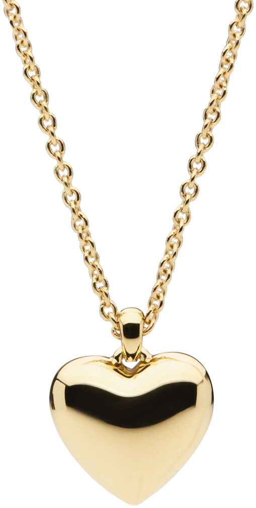 Goldene Halskette mit glänzendem Herzanhänger, mittig platziert vor weißem Hintergrund. Das Schmuckstück wirkt schlicht, edel und eignet sich besonders als romantisches Geschenk für Frauen.