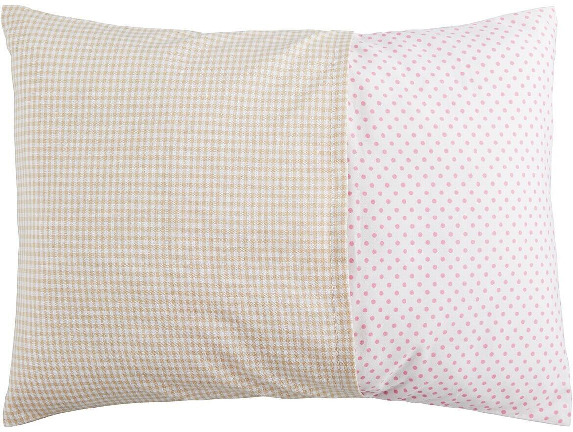 Namenskissen »Fuchs« mit beige kariertem und weiß mit rosa Punkten gemustertem Stoff. Geeignet für Kinder und als personalisiertes Geschenk.