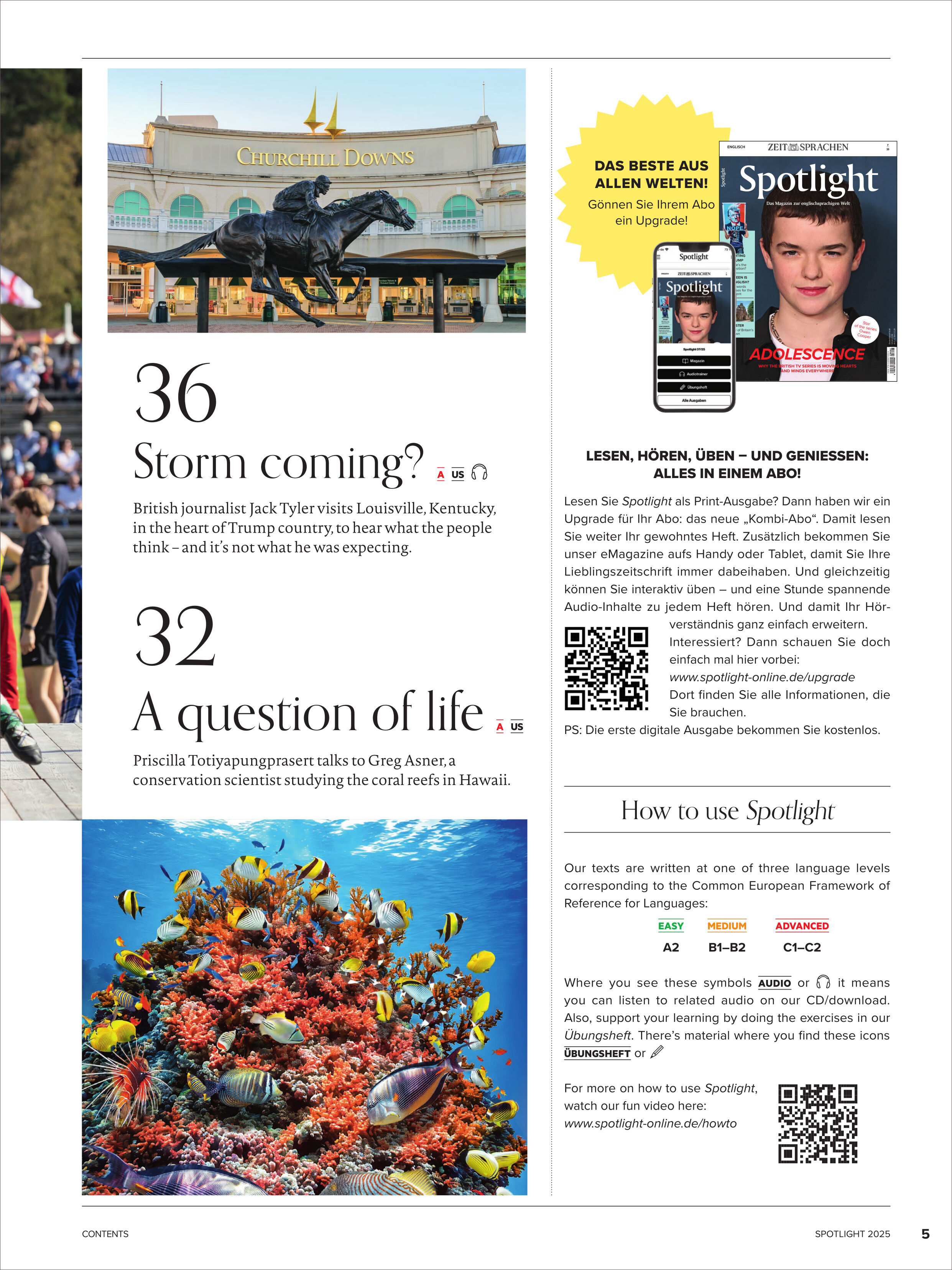 Titelseite des Spotlight Magazin 8/2025 mit Fotografie eines Einkaufszentrums in Kentucky, einem farbenfrohen Korallenriff und Textausschnitten zu Themen wie Umwelt, Englisch lernen und Leseempfehlungen. QR-Codes und Magazinempfehlungen sind sichtbar.