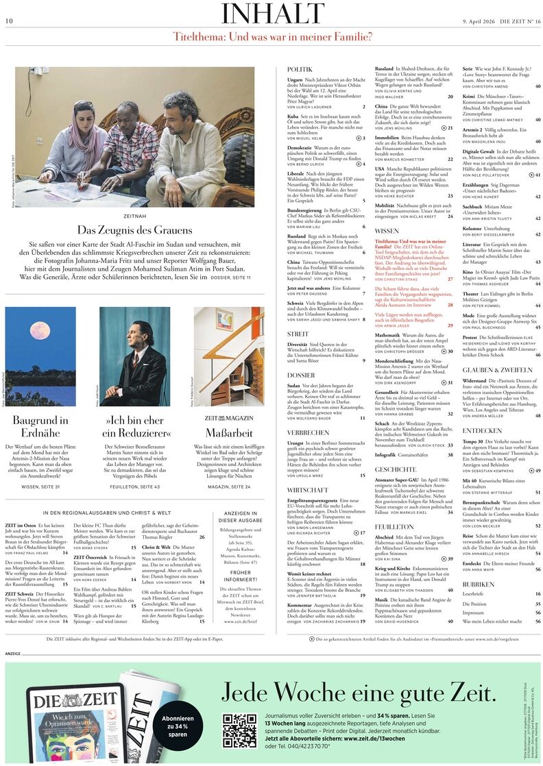 Inhaltsseite einer ZEIT-Magazinausgabe vom 9. April 2026 mit mehreren kleinen Farbfotos, darunter ein Porträt, ein Bild einer Gesprächsrunde und Landschaft. Überschrift 'Inhalt', detaillierte Rubrik- und Artikelliste, unten Werbebanner für ein Abo.