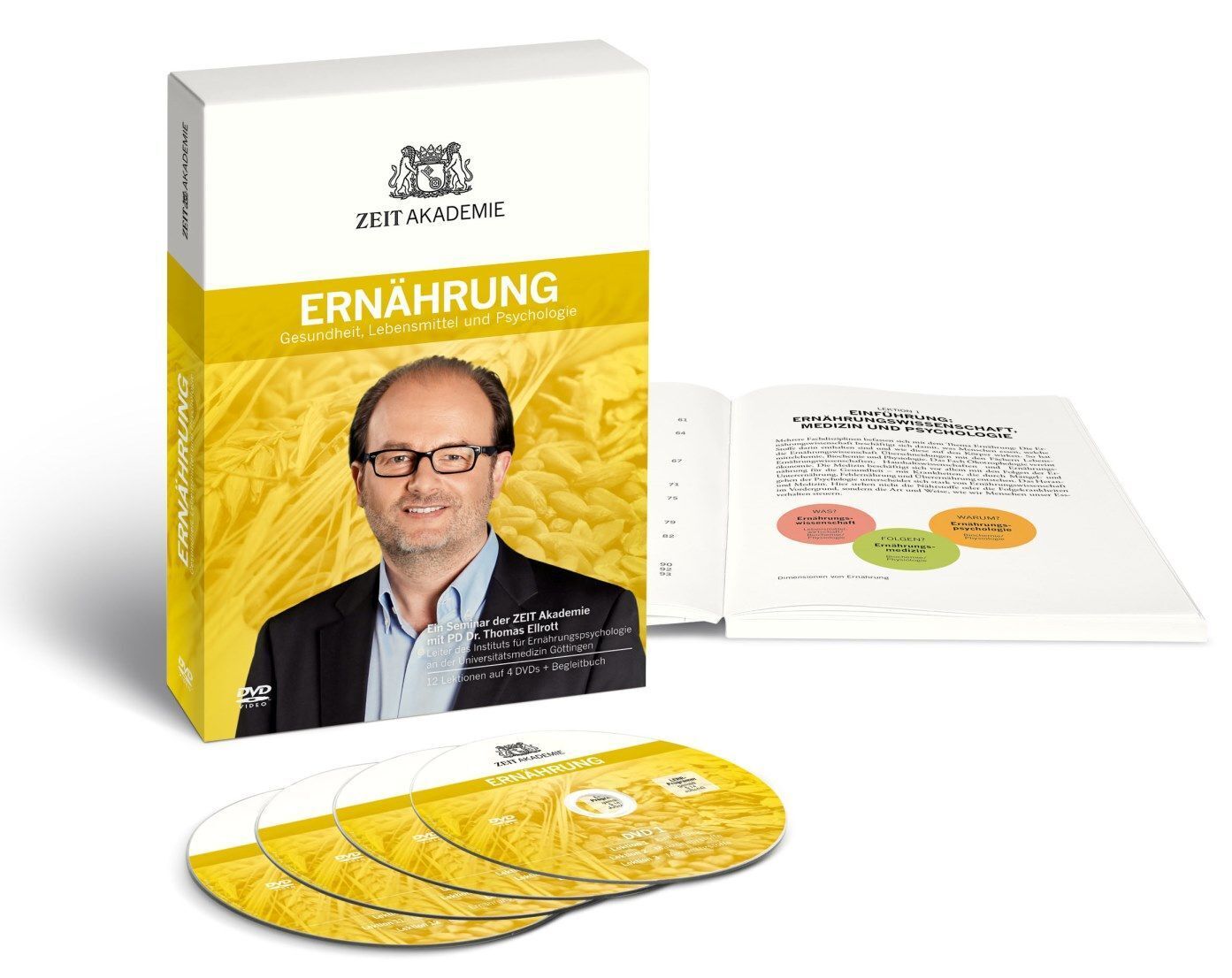 Das Bild zeigt das »Ernährung«-Seminar der Zeit Akademie. Es umfasst eine gelbe Box mit einem Bild eines Mannes, eine geöffnete Broschüre und vier DVDs mit gelbem Design.