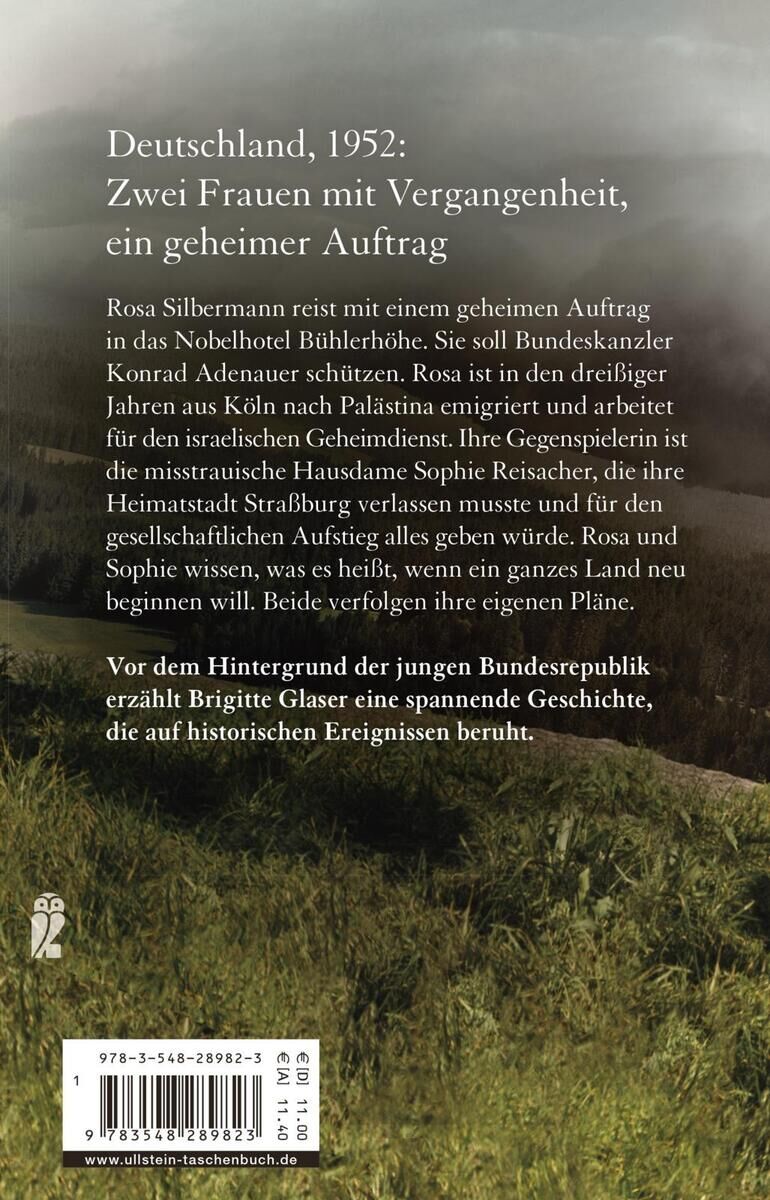 Rückseite des Buches 'Glaser, B: Bühlerhöhe' mit einer Beschreibung der Handlung, die auf einem Geheimauftrag in Deutschland im Jahr 1952 basiert. Zwei Frauen mit einer geheimen Mission, historisch inspiriert.