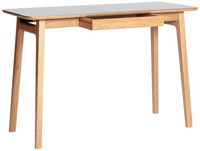 Ein moderner Schreibtisch aus Eiche namens »Freya« mit einer dunklen Arbeitsfläche und schlanken Beinen. Der Tisch verfügt über eine integrierte Schublade.