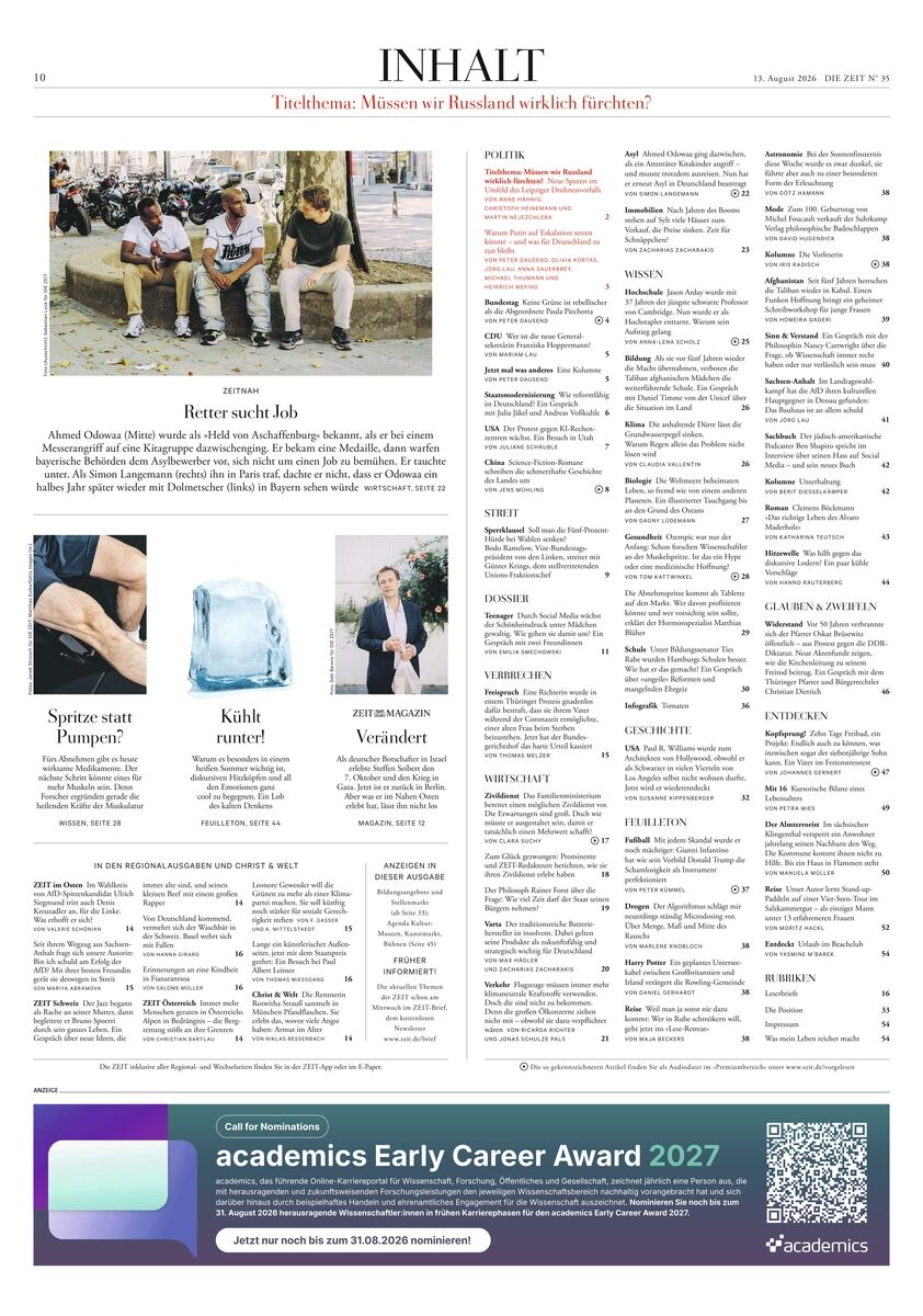 Detailreiche Inhaltsübersicht der Zeitung DIE ZEIT 35/2026 vom 13.08.2026 mit Titel, Rubriken, Artikeln und Bildern. Oben ein Foto von vier jungen Männern auf einer Bank, darunter Artikelüberschriften und Fotos, am unteren Rand eine violett-blaue Anzeige für einen Karriere-Award.