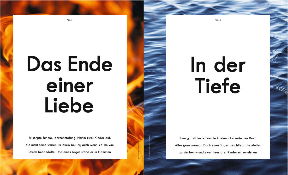 Zwei Seiten aus dem Magazin ZEIT VERBRECHEN 8/20. Linke Seite zeigt den Text 'Das Ende einer Liebe' vor einem Hintergrund aus Flammen. Rechte Seite zeigt den Text 'In der Tiefe' vor einem Hintergrund aus Wasserwellen. Beide Seiten haben schwarzen Text auf weißem Hintergrund.
