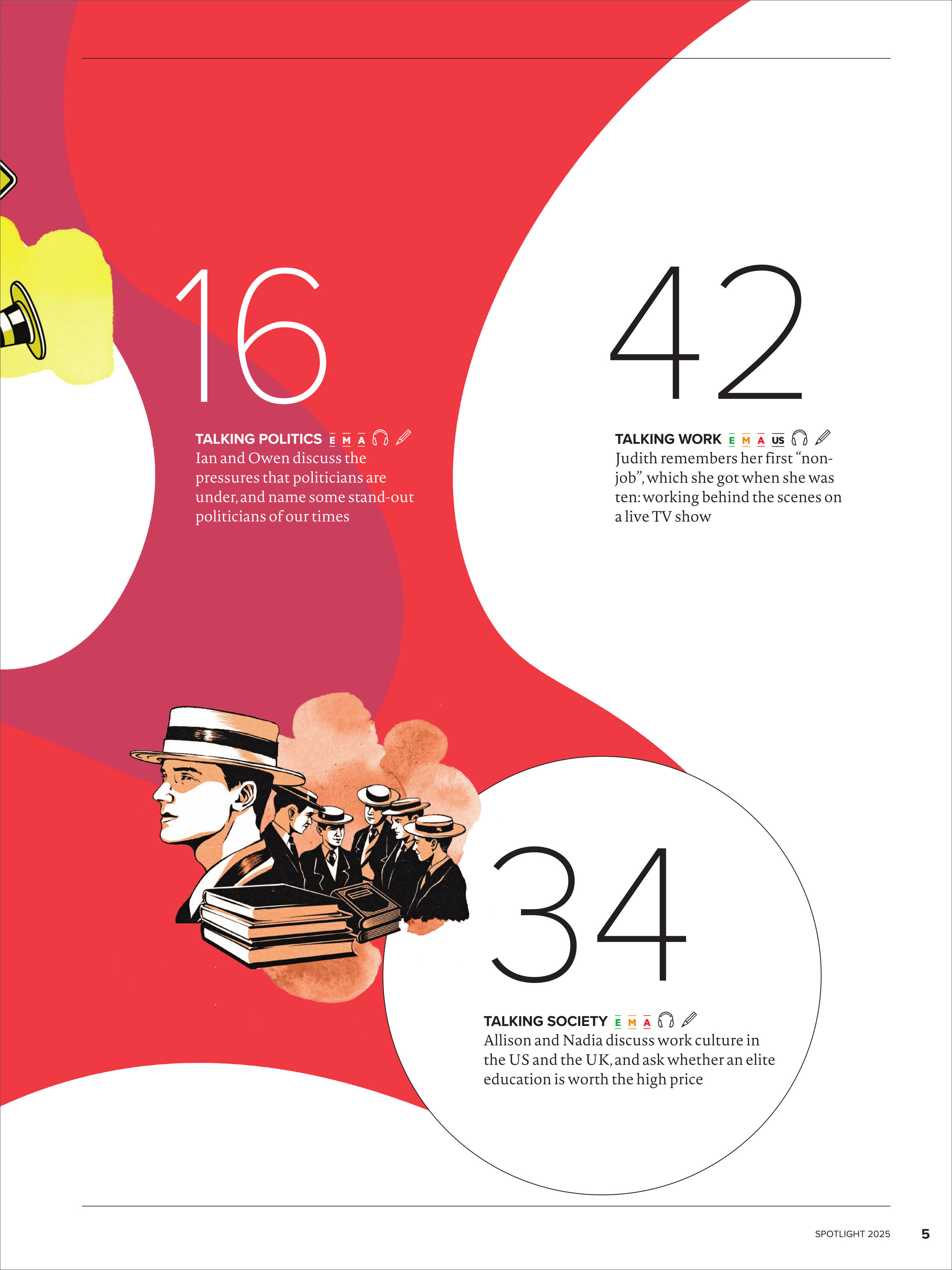 Die Titelseite der Sonderausgabe Spotlight Magazin 12/2025 zeigt stilisierte Illustrationen zum Thema Politik, Arbeit und Gesellschaft in roten, weißen und beigen Farbtönen. Die rechte Seite enthält Zahlen und kurze Beschreibungen zu den Hauptthemen des Magazins.