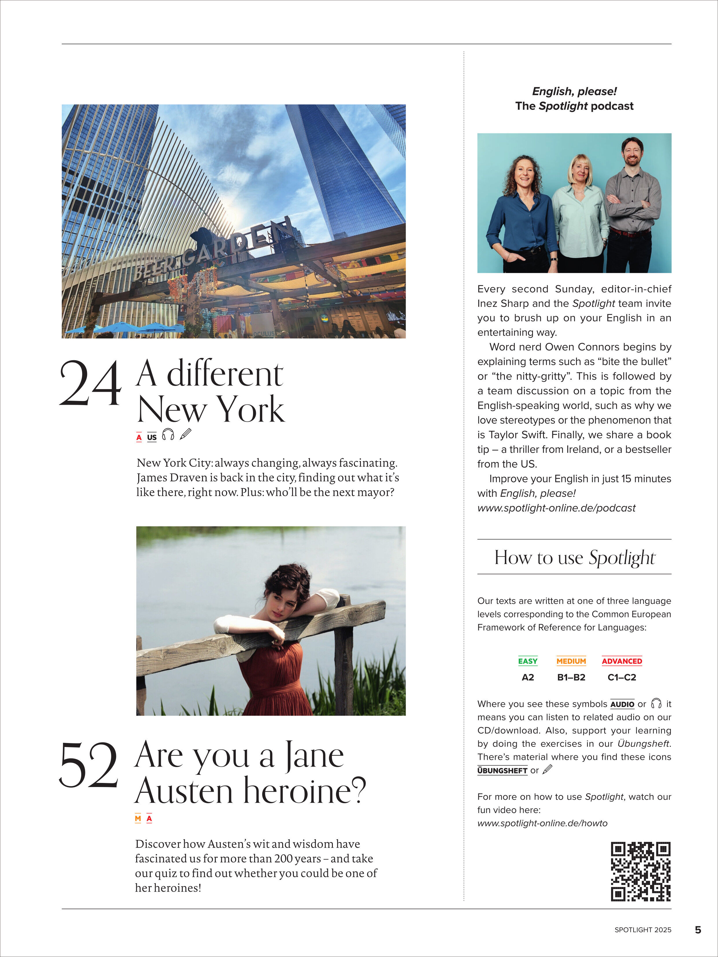 Magazinseite mit zwei großen Farbfotos: Oben ein moderner Wolkenkratzer in New York, darunter eine Frau im roten Kleid, die auf einer Holzbrücke nachdenklich sitzt. Links Zahl 24 und 52 als große Überschriften mit Text zu New York und Jane Austen Heldinnen. Rechts oben Foto von drei Personen und kurzer Podcastbeschreibung.