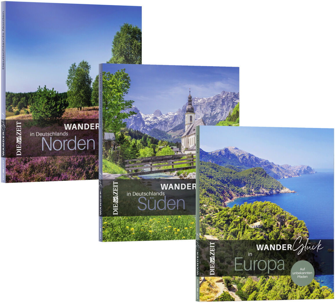 Drei Bücher der ZEIT-Edition »WanderGlück« mit den Titeln »Wandern in Deutschlands Norden«, »Wandern in Deutschlands Süden« und »WanderGlück in Europa«. Die Buchcover zeigen malerische Naturbilder mit Wiesen, Bergen und Küstenlandschaften.