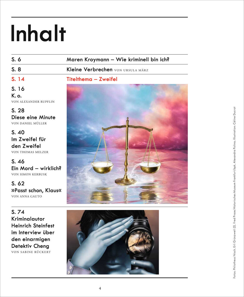 Das Bild zeigt das Inhaltsverzeichnis des Magazins ZEIT Verbrechen Ausgabe 13/22. Zu sehen ist eine Liste von Artikeln und deren Titelbilder, darunter eine Waage der Justitia und eine Person, die ihr Gesicht verdeckt. Die Hauptfarben im Design des Inhaltsverzeichnisses sind Weiß, Schwarz, Rot, Blau, Gold, Grün und Lila.