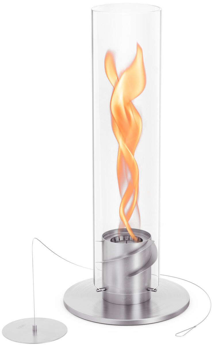 Ein modernes Tischfeuer namens »SPIN 1200« mit einer spiralförmigen Flamme in einem zylinderförmigen Glasbehälter, platziert auf einer silberfarbenen metallischen Basis. Ein elegantes Accessoire für den Innenbereich.