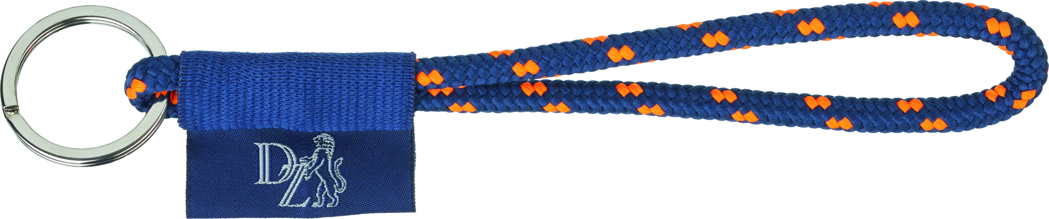 Blauer Schlüsselanhänger aus Seil mit orangefarbenen Details und einem silbernen Metallring. Der Anhänger hat eine Handschlaufe und ein rechteckiges blaues Stoffetikett.