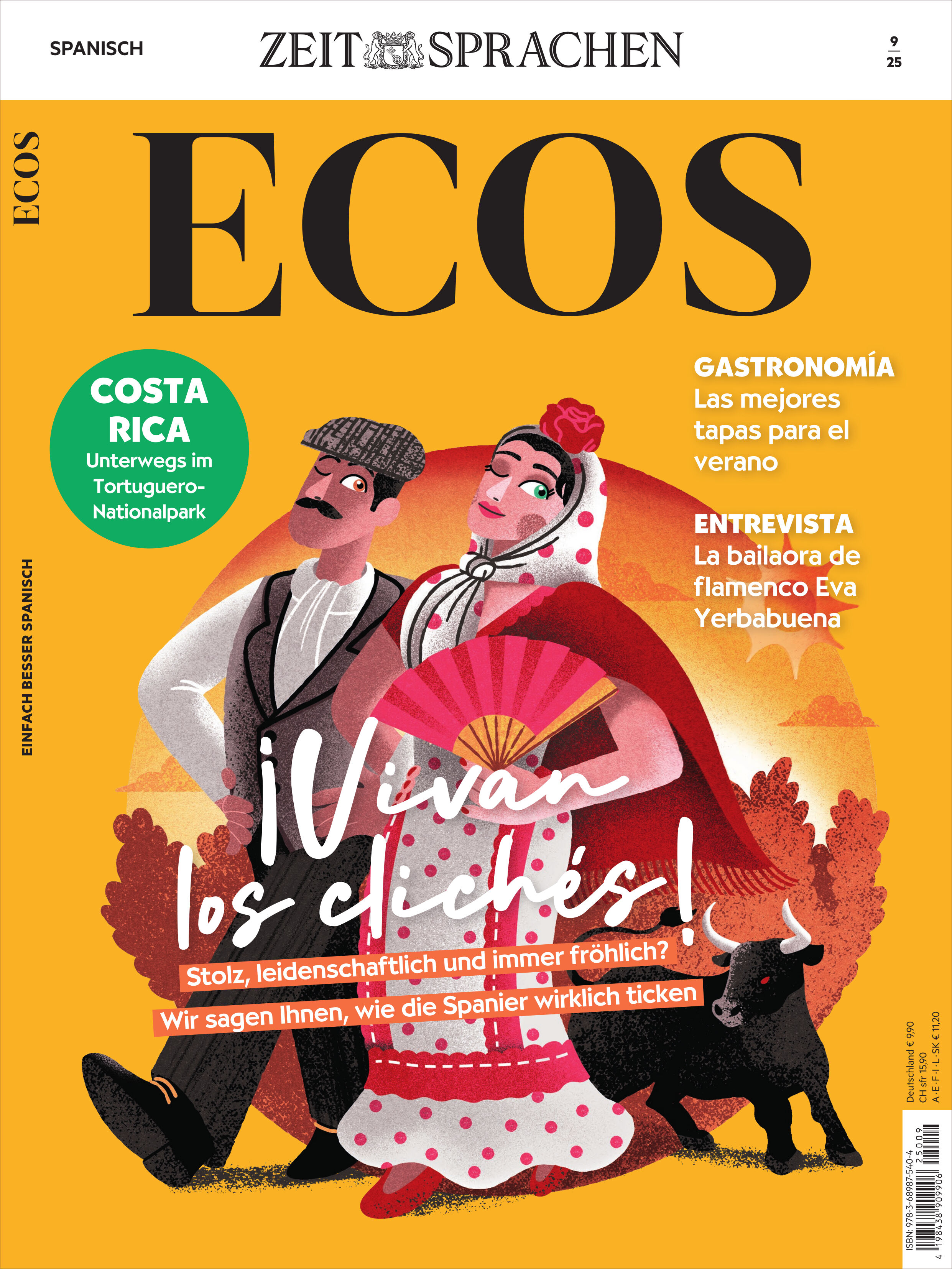 Cover des Magazins Ecos 9/2025 mit einem illustrierten Paar in traditioneller spanischer Kleidung, einem Stier, farbenfrohem Hintergrund in Gelb- und Rottönen und mehreren Schlagzeilen zu Themen wie Costa Rica, Gastronomie, Flamenco und spanischer Lebensart.