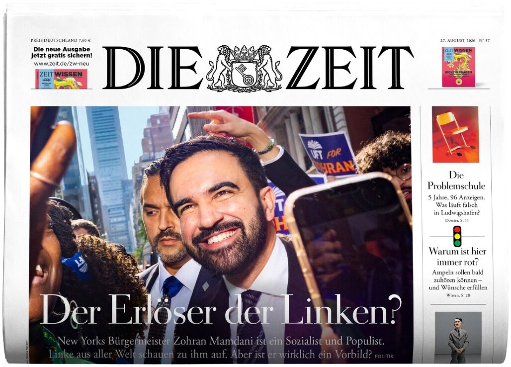 Titelblatt der Zeitung DIE ZEIT 37/2026 mit großem Foto eines lächelnden Mannes in Menschenmenge. Überschrift: 'Der Erlöser der Linken?'. Im oberen Bereich das bekannte DIE ZEIT-Logo. Rechte Seite zeigt Vorschau auf weitere Themen der Ausgabe.