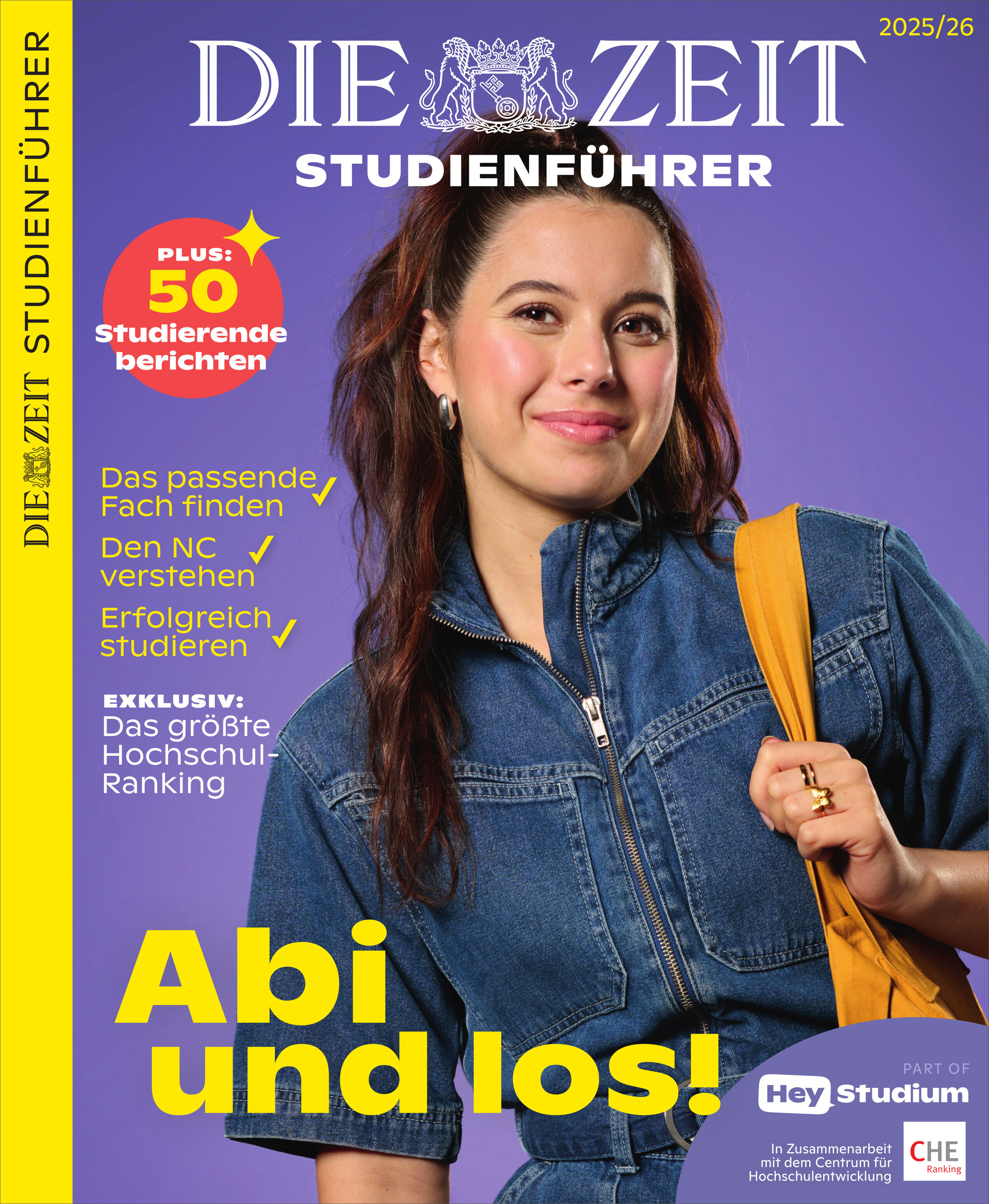 Cover des ZEIT Studienführer 2025/26 mit einer jungen Frau auf gelbem Hintergrund, die optimistisch in die Kamera lächelt. Text auf dem Cover betont Themen wie Fachwahl und Hochschulrankings.