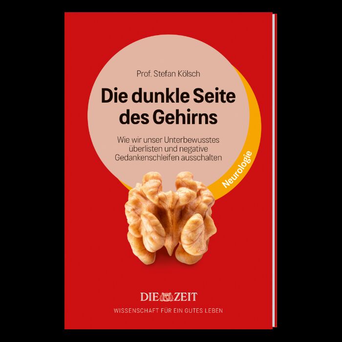 Buchcover der ZEIT-Edition »Wissenschaft für ein gutes Leben« mit dem Titel 'Die dunkle Seite des Gehirns' von Prof. Stefan Kölsch, Darstellung einer Walnuss vor orange-gelbem Hintergrund, unten das Logo der ZEIT-Edition.