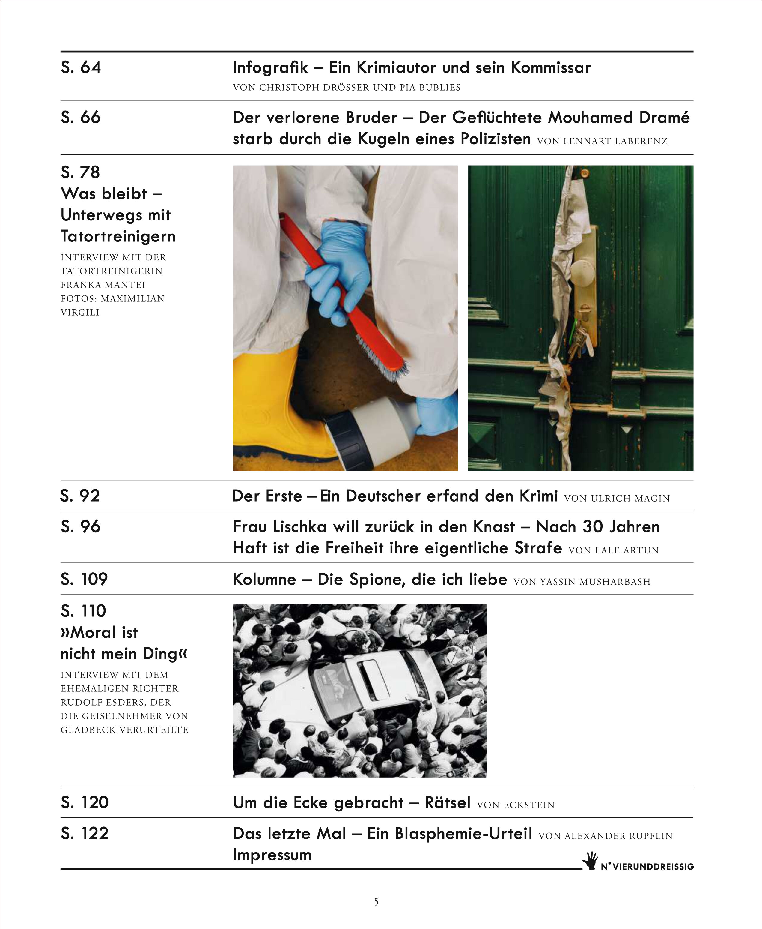 Eine Magazinseite von ZEIT VERBRECHEN zeigt Artikeltitel und Bilder rund um Kriminalität und wahre Verbrechen, mit einer Liste verschiedener Ermittlungen und spannender Kriminalfälle sowie bunten Akzentfarben.