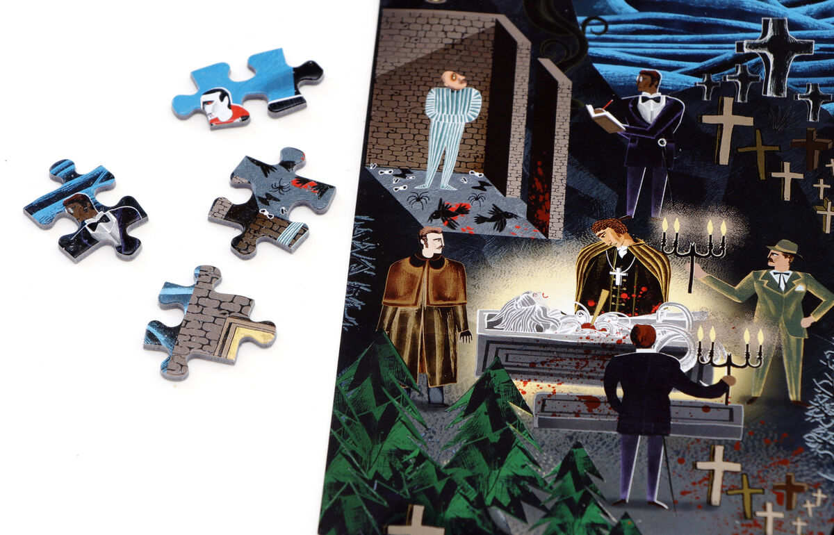 Ein mehrfarbiges Puzzle mit dem Thema des Grafen Dracula, das einen Friedhof mit Kreuzen und Menschen in verschiedenen Szenen zeigt. Einige unvollständige Puzzleteile liegen lose daneben.