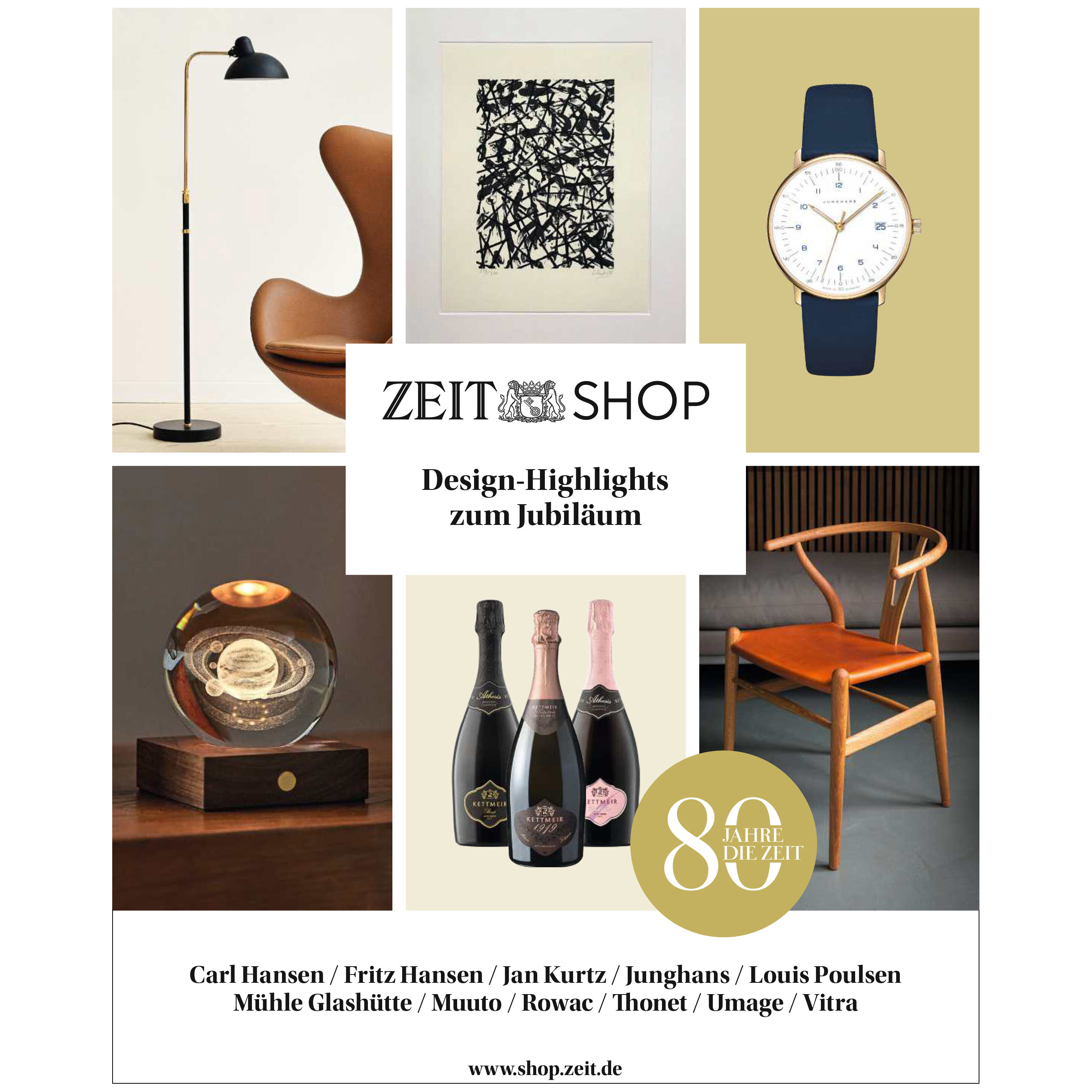 Abbildung des Katalogcovers 'Katalog: Design-Highlights 1/2026' von DIE ZEIT. Zentral auf dem Cover sind verschiedene Design- und Kunstobjekte arrangiert: eine Stehlampe, grafisches Kunstwerk, Armbanduhr, Globus, Champagnerflaschen und ein Holzstuhl. Oben Logo ZEIT SHOP, unten weitere Marken und Hinweise zum 80-jährigen Jubiläum.