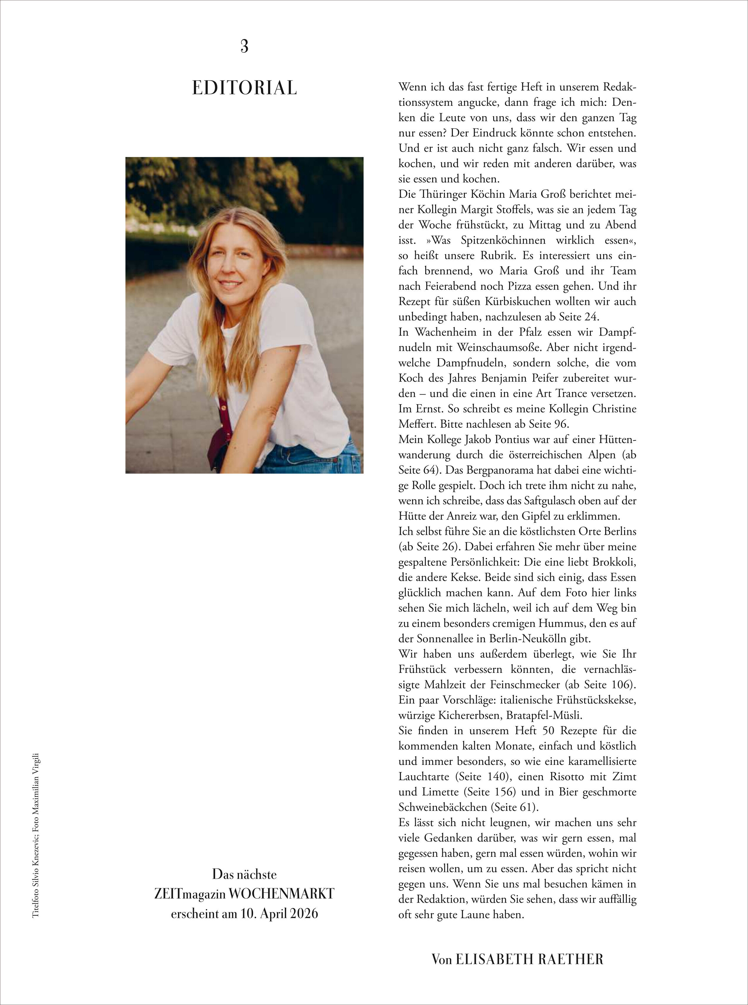 Das Cover der Ausgabe ZEITmagazin WOCHENMARKT 9/25 zeigt eine freundlich lächelnde Frau im Freien, begleitet von einem Editorialtext auf weißem Hintergrund mit schwarzer Schrift. Oben steht die Seitenzahl 3. Das Layout ist klar und modern, mit viel Weißraum und dezenten Farben.