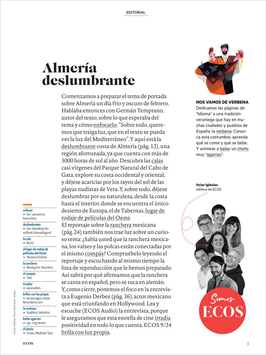 Eine Magazinseite von ECOS Magazin 09/2024, mit einem Artikel über Almería, Spanien, und Informationen zu Sehenswürdigkeiten und Kultur.
