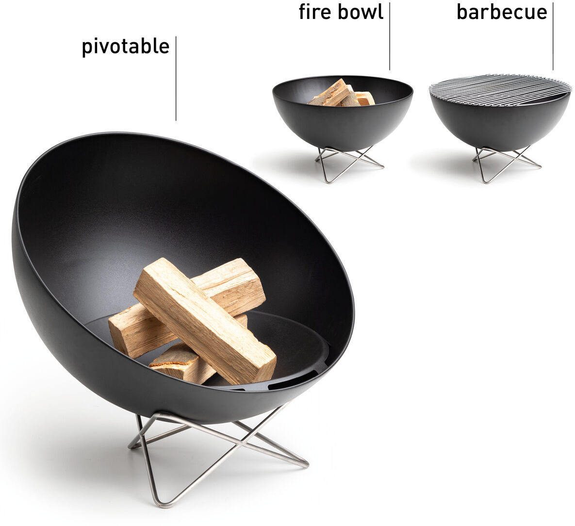 Produktbild der »BOWL« Plancha Halbring: eine schwarze, schwenkbare Feuerschale aus Stahl mit Holzscheiten, auf einem silbernen Ständer. Zusätzliche Varianten als Grill mit einem Grillrost und ohne Deckel, ebenfalls auf silbernen Ständern.