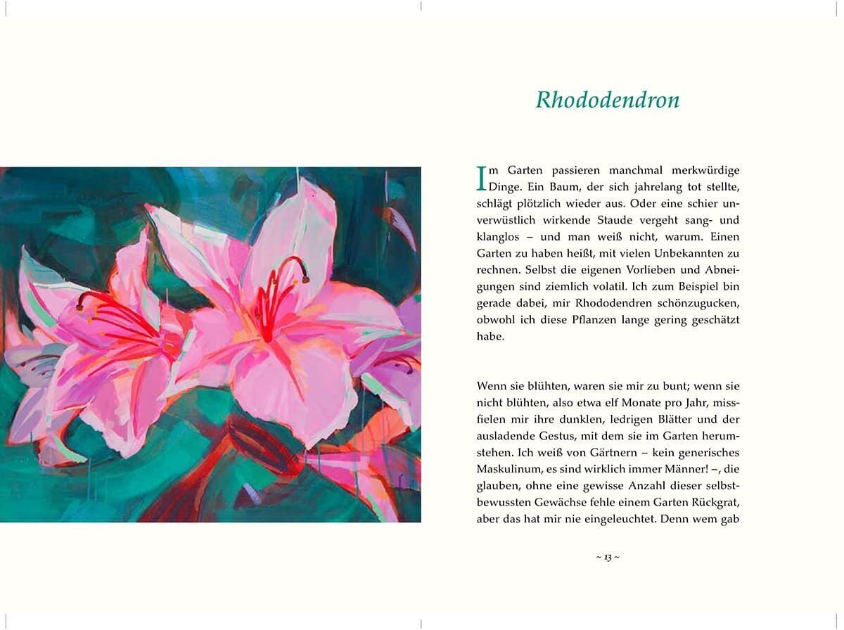 Eine Buchseite mit einer Illustration von rosa blühenden Rhododendron-Blumen und Text auf Deutsch.