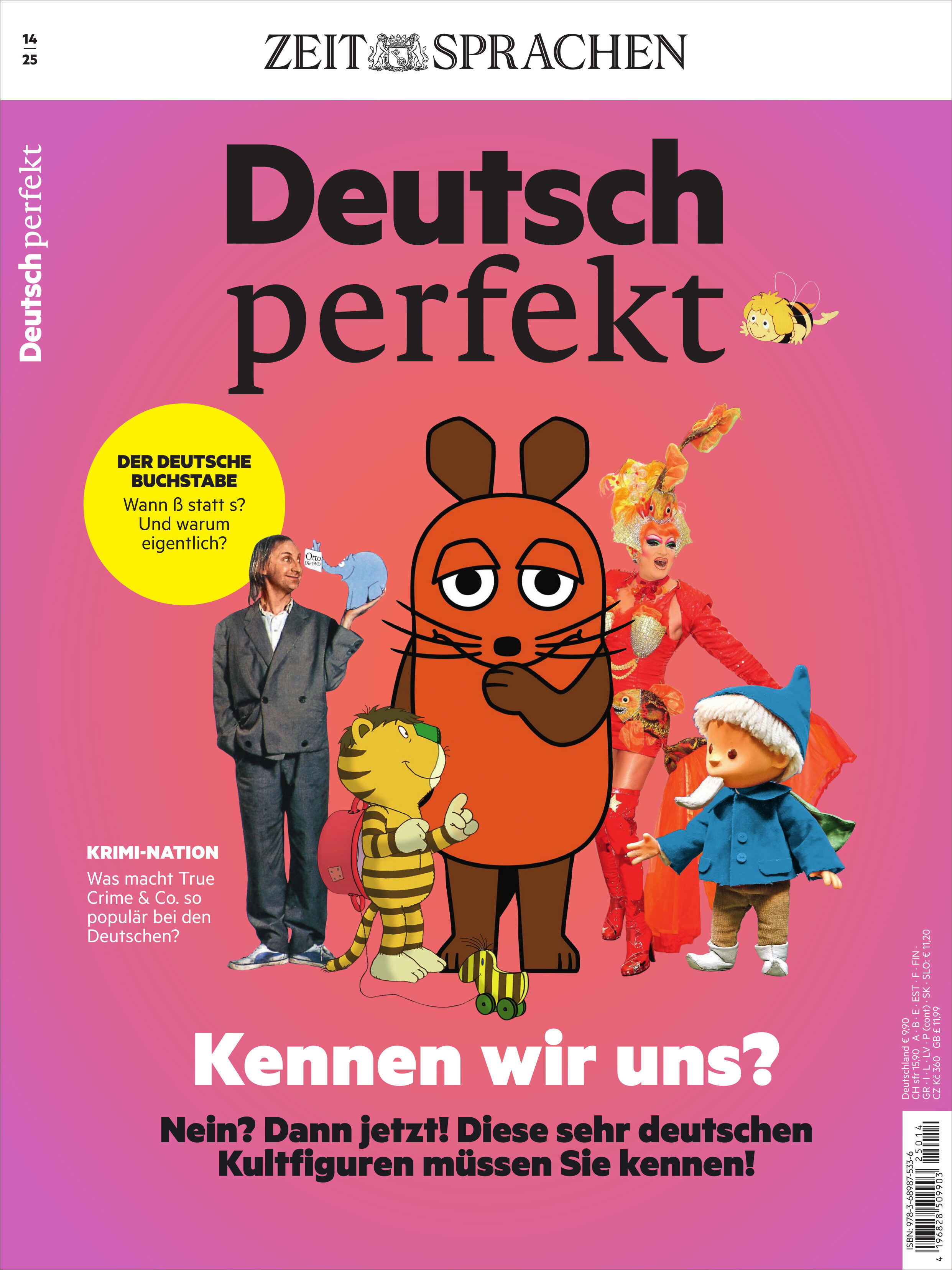 Das Cover des Magazins 'Deutsch perfekt' zeigt mehrere bekannte Figuren der deutschen Popkultur, wie Die Maus, den Elefanten, das Kikaninchen und weitere. Im Hintergrund steht eine Frau in pinkem Kleid, der Hintergrund ist lila. Oben steht prominent der Magazinname und das Thema der Ausgabe.