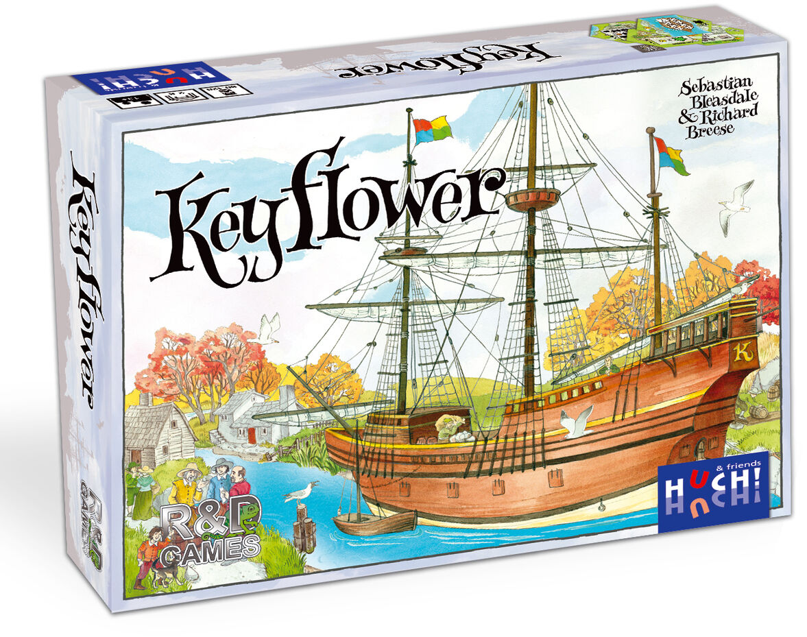 Das Bild zeigt die Verpackung des Brettspiels Keyflower. Im Vordergrund ist ein großes, detailliertes Segelschiff vor herbstlicher Landschaft und einem Dorf zu sehen. Die Schachtel zeigt den Spieletitel, und das HUCH! Logo ist unten rechts sichtbar.