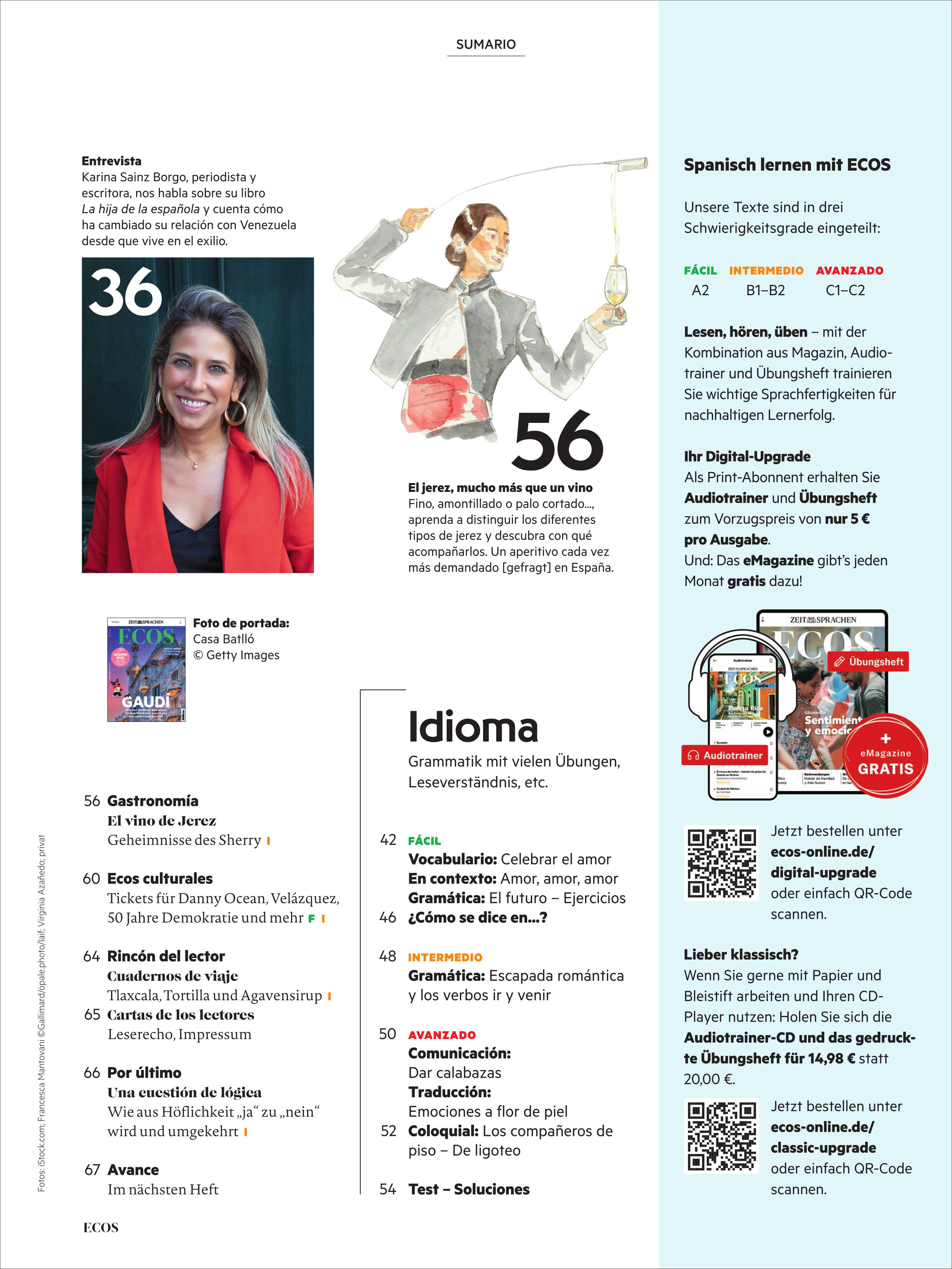 Eine Magazinseite mit Inhaltsübersicht, Bildern zweier Menschen, einer Frau und einem Mann beim Golfen, sowie farbigen grafischen Elementen. Links steht eine Auflistung verschiedener Themen wie Gastronomie, Reportagen und Sprache. Rechts werden Vorteile des Ecos Magazins und die Lernniveaus hervorgehoben, ergänzt durch Bilder und Angebotshinweise.