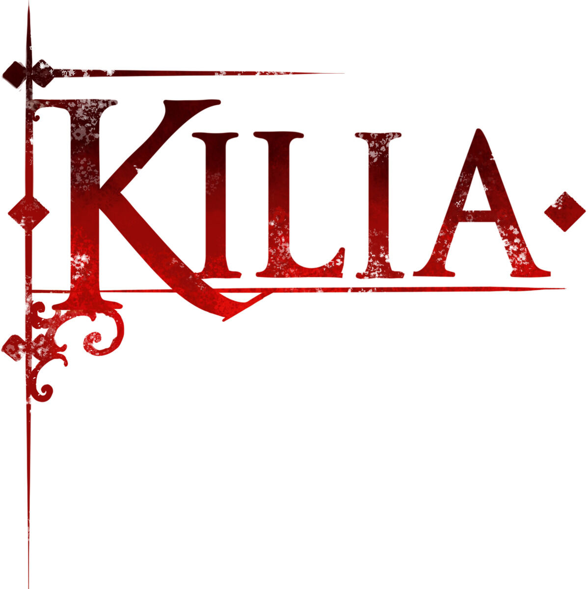 Das Bild zeigt das Logo des Brettspiels »Kilia« in großer, stilisierter roter Schrift mit dekorativen Verzierungen auf weißem Hintergrund. Es sind keine weiteren grafischen Elemente oder Spielszenen abgebildet.