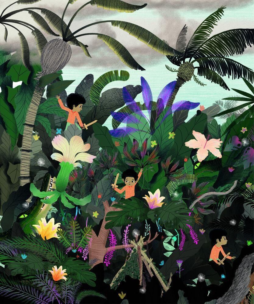 Eine bunte Illustration zeigt zwei Kinder im Dschungel. Sie tragen orangefarbene Kleidung und sind von üppiger Vegetation und exotischen Pflanzen umgeben. Tiere und leuchtende Blumen sind in der Szene verstreut, die eine fantasievolle Abenteuergeschichte darstellt.