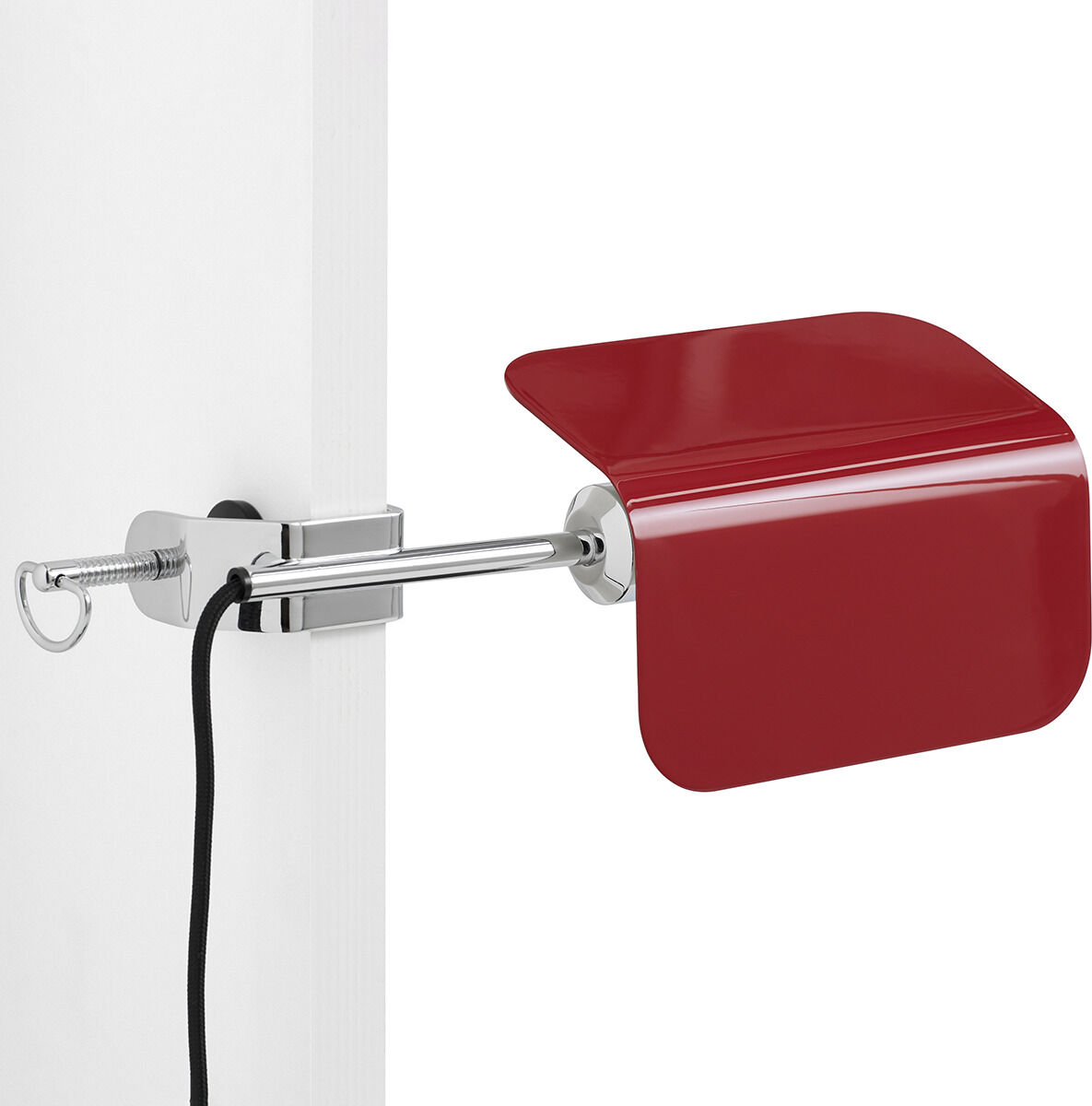 Rote Clip-Lampe mit modernen, minimalistischen Design, montiert an einer weißen Fläche mit silberfarbenen Halterungen, geeignet für Innenräume.