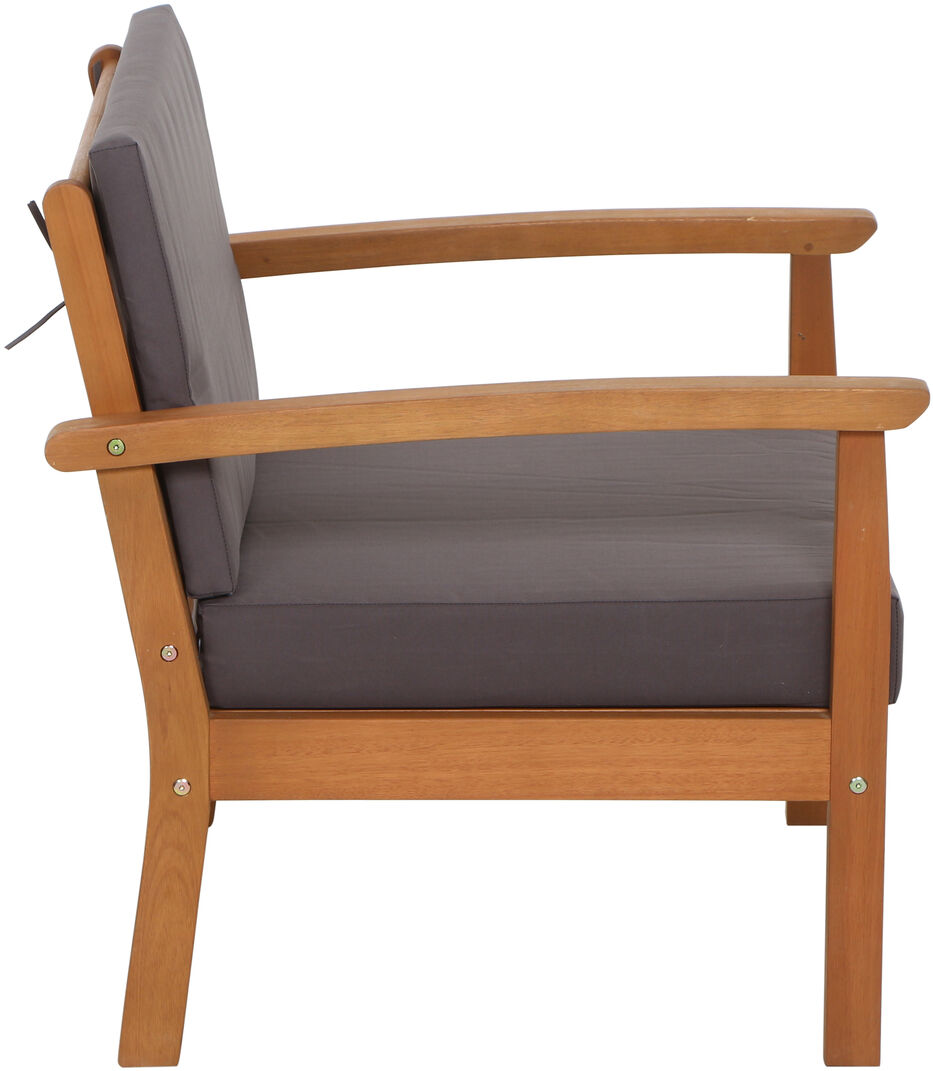 Das Bild zeigt ein Lounge Set, bestehend aus einem hölzernen Stuhl mit grauem Polster, ideal für den Außenbereich oder Terrasse.