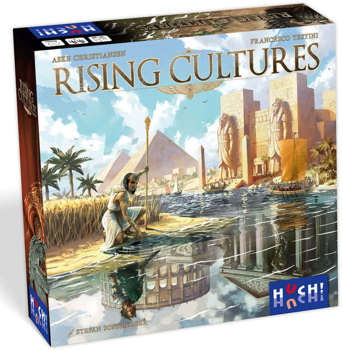 Abbildung der Verpackung des Brettspiels »Rising Cultures«. Das Cover zeigt eine Szene mit antiken Gebäuden, monumentalen Pyramiden und Palmen am Wasser. Im Vordergrund steht eine Figur mit einem Kanu, der Stil erinnert an alte Zivilisationen. Der Markenname HUCH! ist auf der unteren rechten Ecke abgebildet.