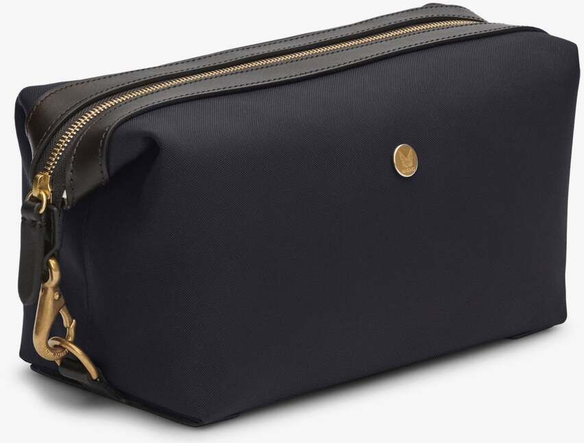 Eine schwarze Mismo Kulturtasche mit goldenen Akzenten und doppeltem Reißverschluss. Die Tasche hat ein schlichtes und elegantes Design.