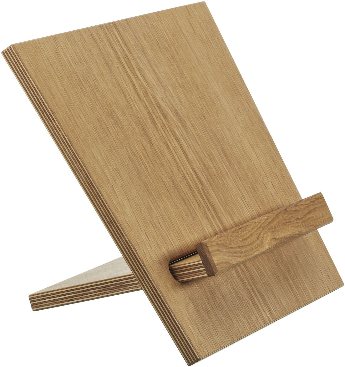 Ein Buchständer aus hellem Holz, das senkrecht steht. Geeignet zum Halten von Büchern oder Tablets, ideal für den Schreibtisch oder die Küche.