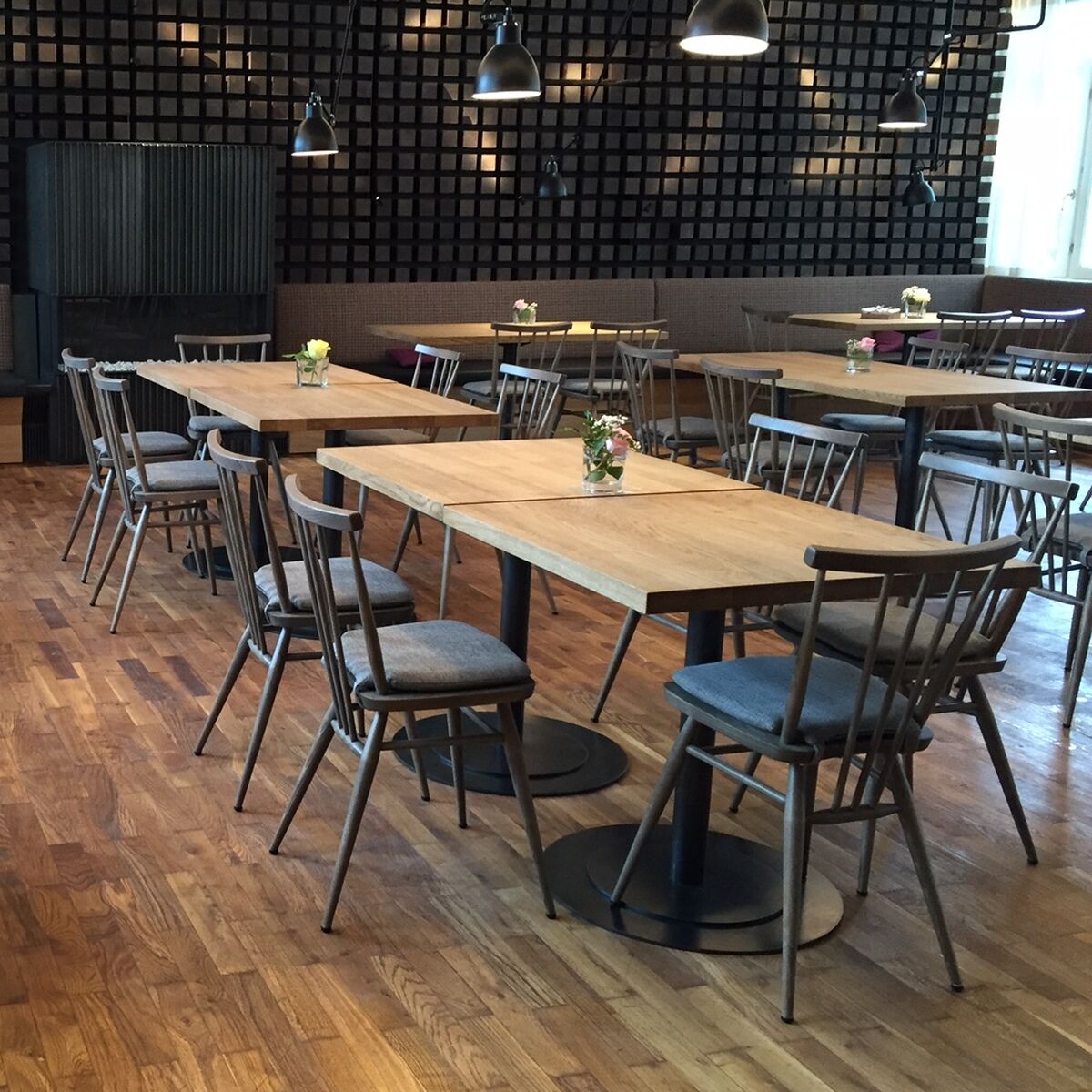 Innenansicht eines modernen Restaurants mit grauen gebeizten Ercol »All Purpose« Stühlen und massiven Holztischen auf einem Holzfußboden. Verschiedene Tische sind mit kleinen Blumenvasen dekoriert. An der Decke sind moderne Beleuchtungskörper angebracht.