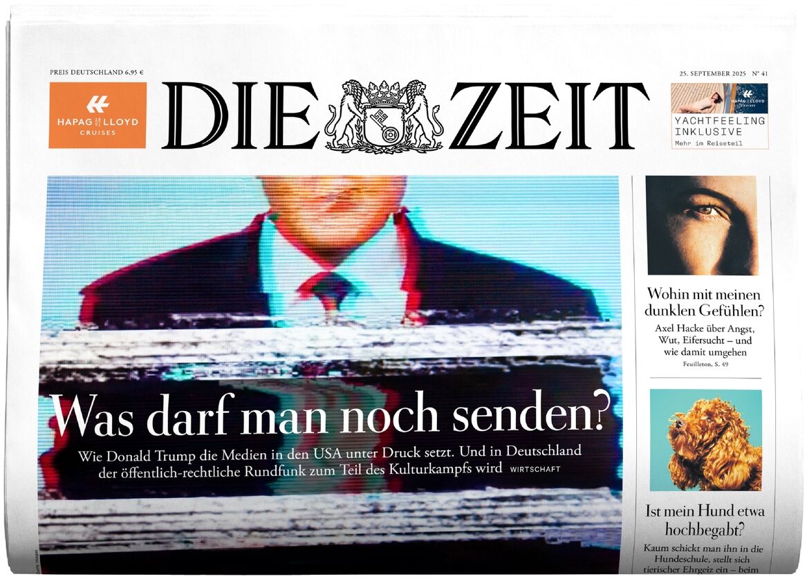 Titelbild der deutschen Wochenzeitung DIE ZEIT Ausgabe 41/2025. Im Mittelpunkt steht eine Grafik eines Mannes mit gestörtem Fernsehsignal im Hintergrund. Überschriften thematisieren Medien, Gesellschaft und Rundfunkfreiheit.
