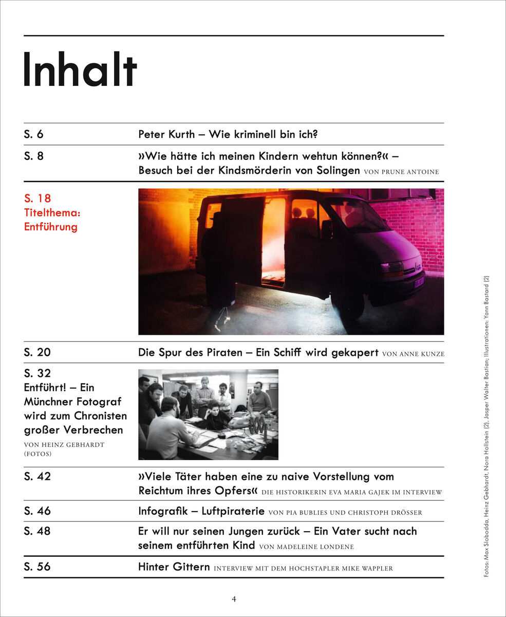 Inhaltsverzeichnis des Magazins ZEIT VERBRECHEN Ausgabe 21/23. Enthält Artikelüberschriften und Autorennamen, rotes Titelthema 'Entführung', mit Bild eines Mannes und eines Fahrzeugs.