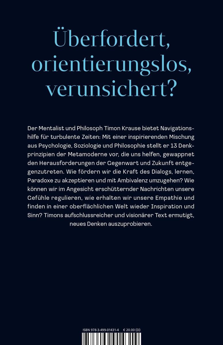 Das Buch 'Sei deiner Zeit voraus' von Timon Krause zeigt einen blauen Buchumschlag mit einer weißen Schrift. Die Inhaltsbeschreibung thematisiert Orientierungslosigkeit, Zukunft, Inspiration und Lebenstipps.