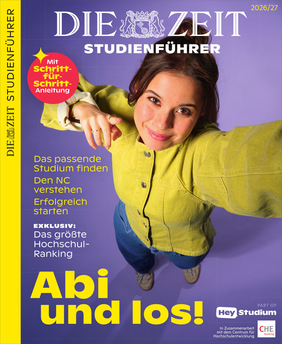 Titelblatt des ZEIT Studienführer 2026/27. Eine junge Frau in gelber Jacke schaut lächelnd nach oben und zeigt nach vorne. Im Vordergrund große gelbe Schrift: "Abi und los!". Infotexte zu Studienwahl, NC, Erfolgsstart; lila Hintergrund mit gelben und weißen Akzenten.