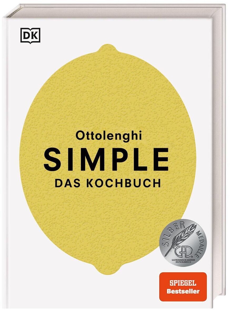 Buchcover von 'Simple. Das Kochbuch' von Yotam Ottolenghi. Das Cover ist weiß mit einem großen gelben ovalen Symbol in der Mitte, auf dem der Titel und der Name des Autors in Schwarz gedruckt sind. Unten rechts befindet sich ein rotes Label mit der Aufschrift 'SPIEGEL Bestseller' und ein silbernes Medaillon mit einer Auszeichnung.