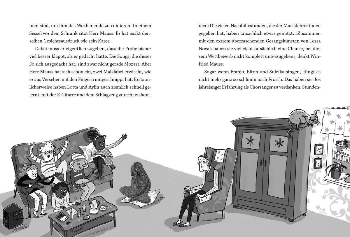 Ein Comic-Buch mit zweigeteilter Seite. Links sitzen Kinder auf einem Sofa, umgeben von lustigen Kreaturen; rechts liest ein Mädchen auf einem Stuhl, während eine Katze auf einem Schrank sitzt. Die Seite enthält Textblöcke.