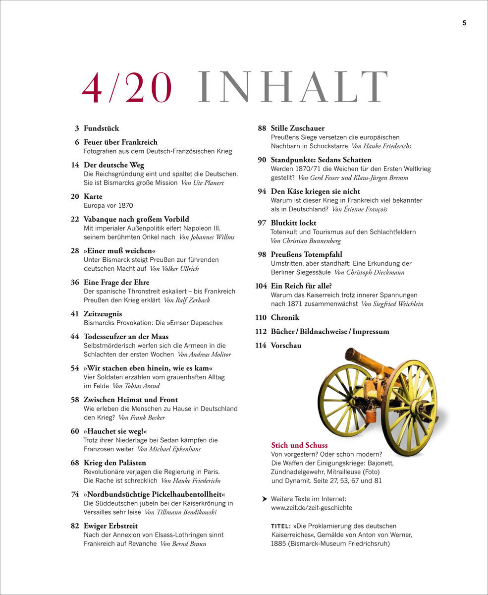 Inhaltseite des Buches ZEIT GESCHICHTE 1870|71 Der Deutsch-Französische Krieg und die Gründung des Kaiserreichs. Text in schwarz auf weißem Hintergrund mit roten Akzenten. Abgebildet ist eine Liste von Themenpunkten des Buches, darunter historische Ereignisse und Persönlichkeiten aus der Zeit des Deutsch-Französischen Krieges und der Gründung des Kaiserreichs. Am unteren Rand der Seite ist ein Foto einer Kanone in gold-grüner Farbe zu sehen.