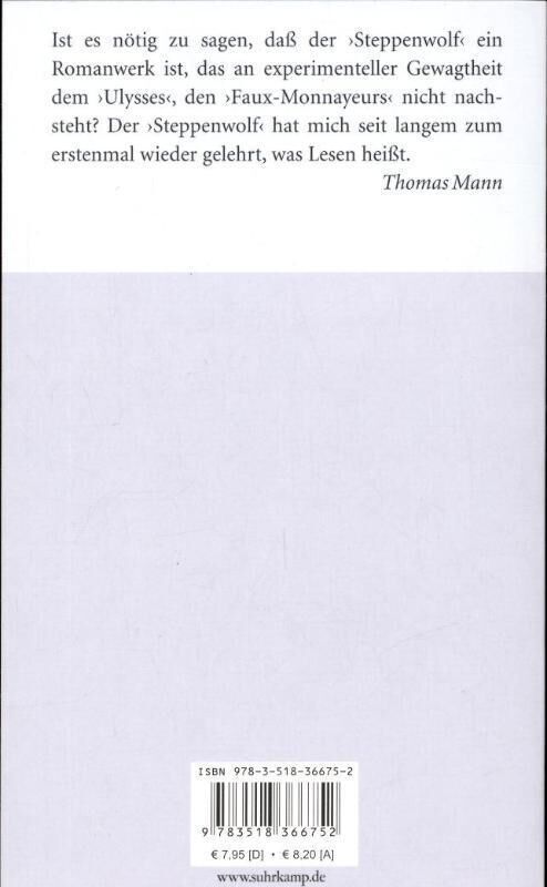 Rückseite des Buchs 'Der Steppenwolf' von Hermann Hesse mit einem Zitat von Thomas Mann. ISBN und Preisangaben unten.
