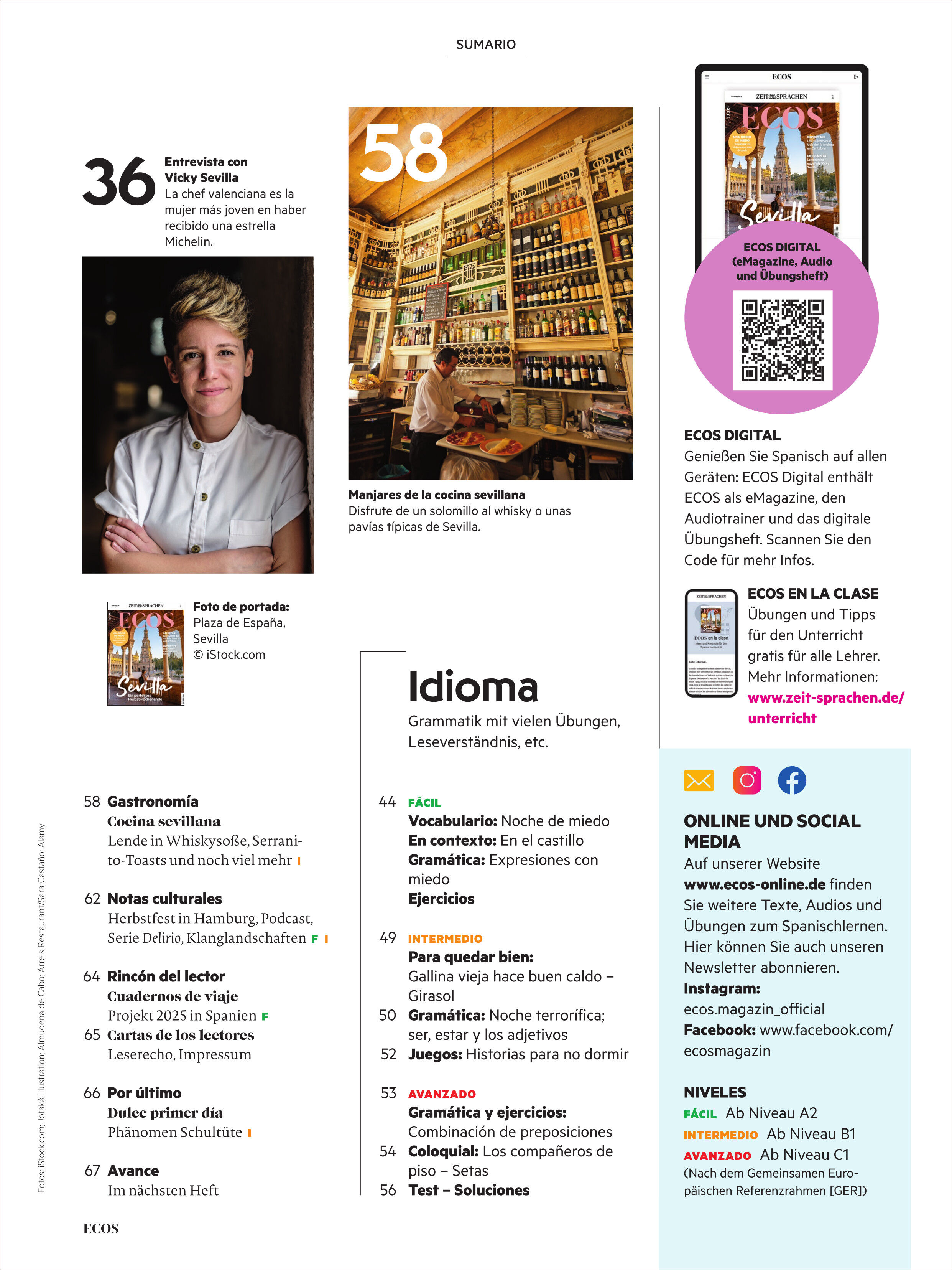 Titelseite und Inhaltsverzeichnis des Ecos Magazins 13/2025. Enthält Fotos von einer Frau im Porträt, einem spanischen Restaurant mit vielen Flaschen an den Wänden und einem Smartphone mit digitaler Ausgabe. Dazu gibt es einen Überblick der Artikel und Rubriken wie Gastronomie, Idiom, Vokabeln und Lesetraining. Am Rand Hinweise zu Online-Angeboten, sozialen Medien und digitalen Lernmöglichkeiten. Das Layout ist hell, modern und ansprechend gestaltet.