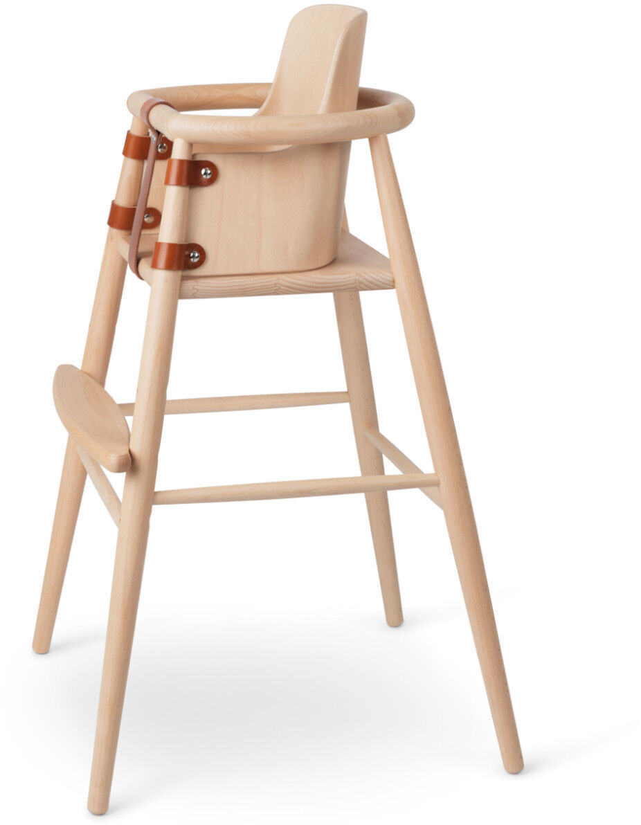Baby-Einsatz für Kinderhochstuhl aus Holz mit braunen Sicherheitsgurten und ergonomischem Design.